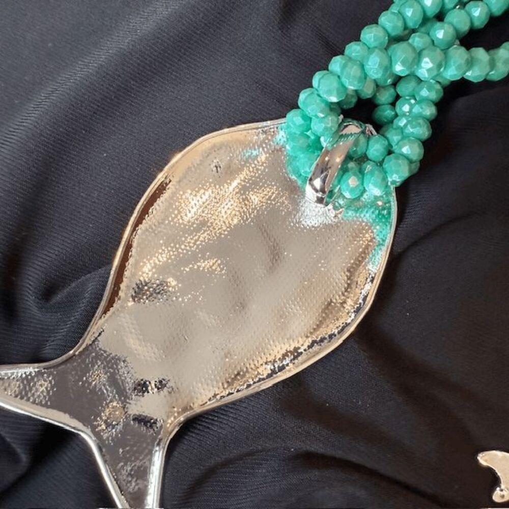 NWT Bone Fish Statement Necklace and Earrings Set Silver Tone Turquoise Beads - Picture 8 of 10